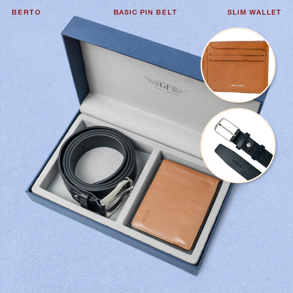 Gian Ferrente เซ็ตของขวัญ กระเป๋าสตางค์ผู้ชาย หนังแท้/เข็มขัด Berto Collection