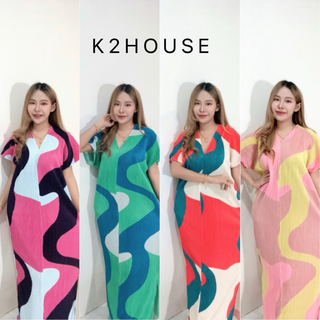 Maxi DressSG2ชุดเดรสยาวเนื้อผ้าอัดพลีทพิมพ์ลายดอกไม้ชุดพลีสยาว ชุดเดินชายหาด ชุดใส่เที่ยวทะเล ชุดเดรสสาวอวบแฟชั่นชุดพลีท