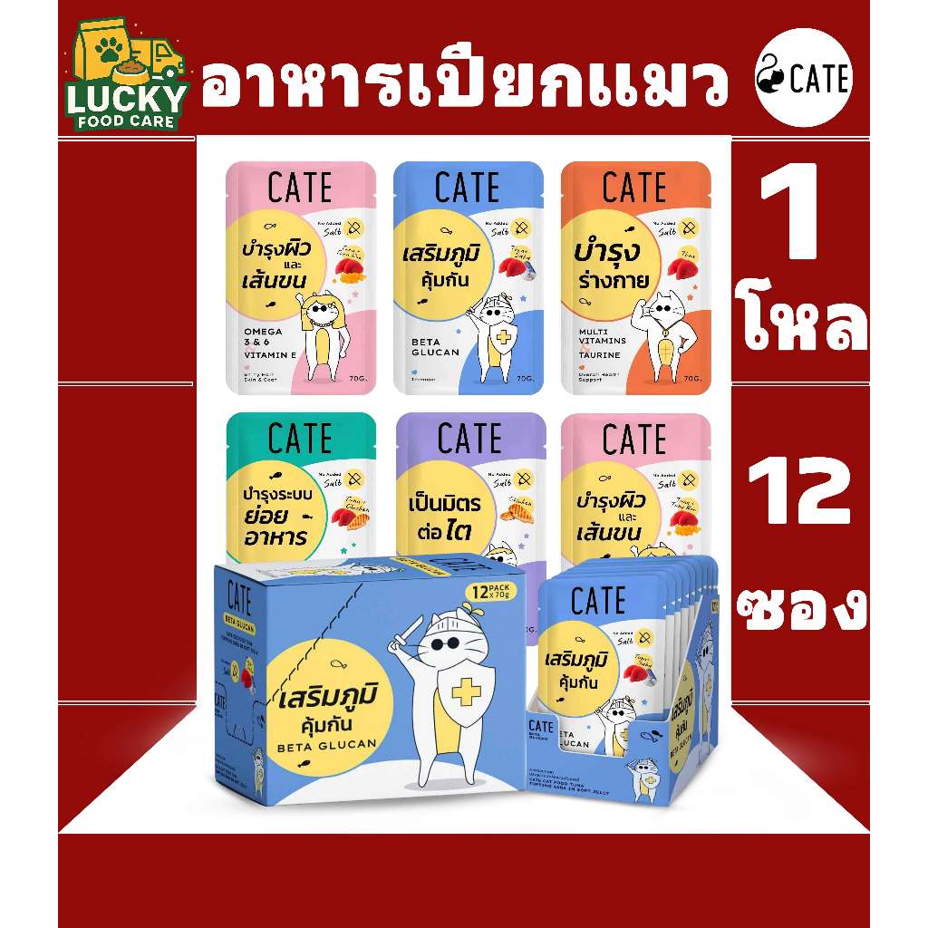 CATE อาหารเปียกแมว เคท เกรดพรีเมี่ยม ทั้งหมด 5 สูตร ขนาดซองละ 70 กรัม (ยกโหล x 12ซอง)