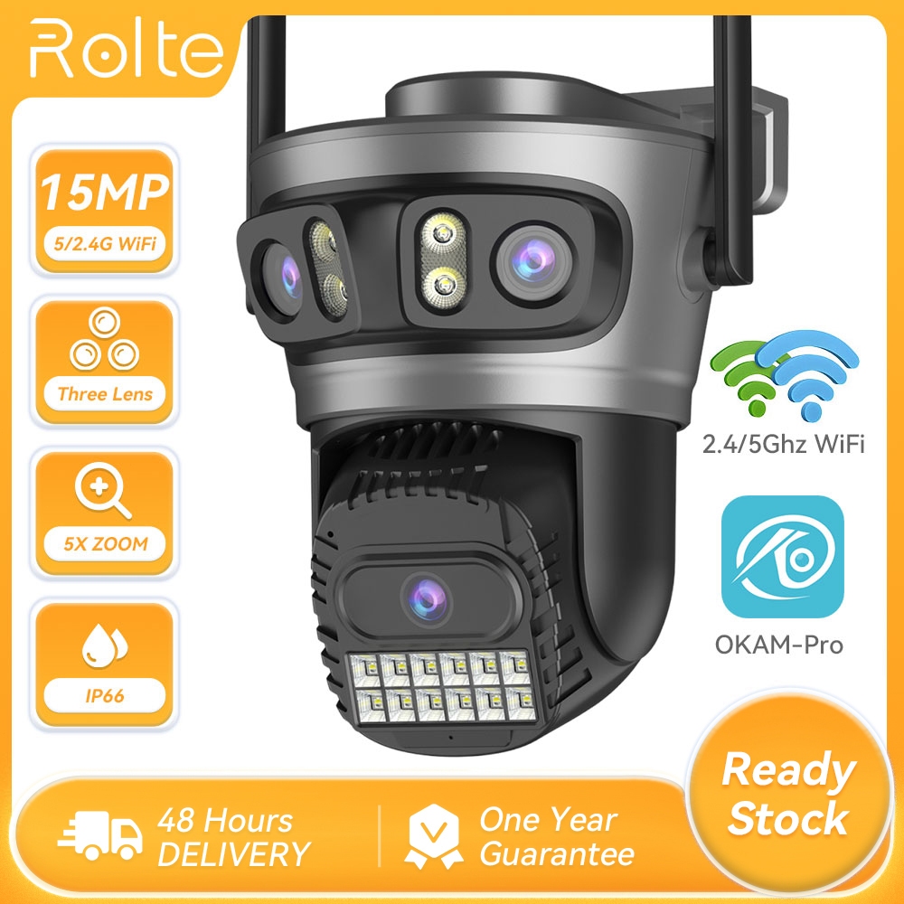 Rolte 5G/2.4G WiFi 15MP/10MP 3-Lens PTZ Camera 5X Zoom CCTV IP Camera O-KAM Pro APP 1 Year Warranty