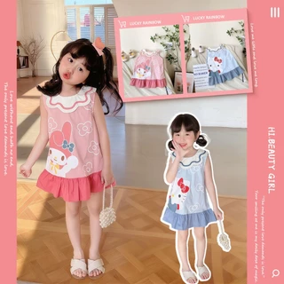 สาวกระโปรงเสื้อกั๊ก มินิเดรสเด็กผู้หญิง ฤดูร้อนใหม่ชุดการ์ตูนหวานกลีบคอแขนกุดทารกกระโปรงเจ้าหญิง 1-9 ปี