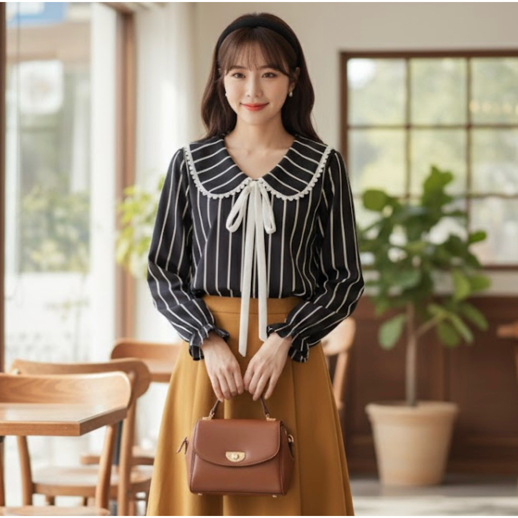 เสื้อคอบัวลายริ้วสีดำใส่ทำงานเสื้อผู้หญิงตกแต่งลูกไม้สายขาวผูกอกอก