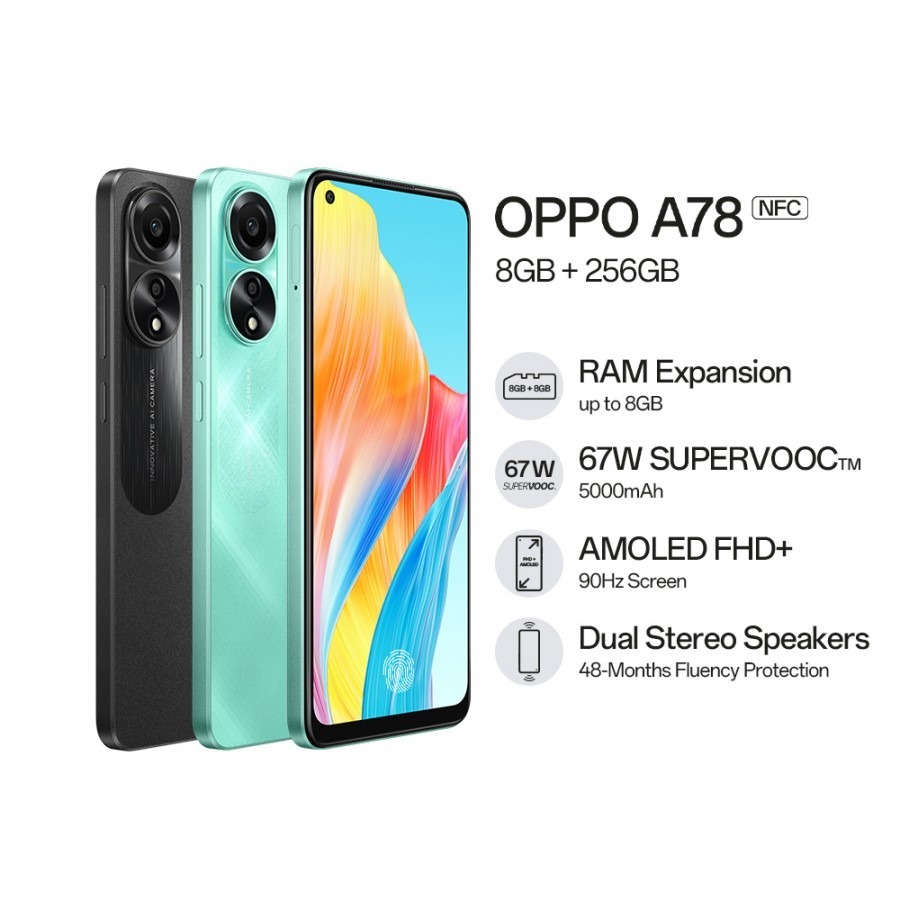 OPPO A78 5G (8GB+256GB)ขนาด 6.56 นิ้ว 90Hz Supervooc 33W Type-C แบตเตอรี่ 5000mAh อุปกรณ์แท้