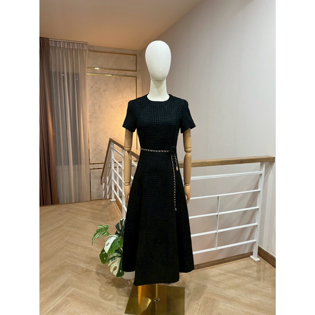 BT 03-78010 **แพทเทิร์นเล็ก เพิ่ม 1ไซส์** เซท 3 ชิ้น เดรสยาวแขนสั้นคอกลม อกเอวเข้ารูป ผ้าทวิต มาพร้อมสายคาดเอว