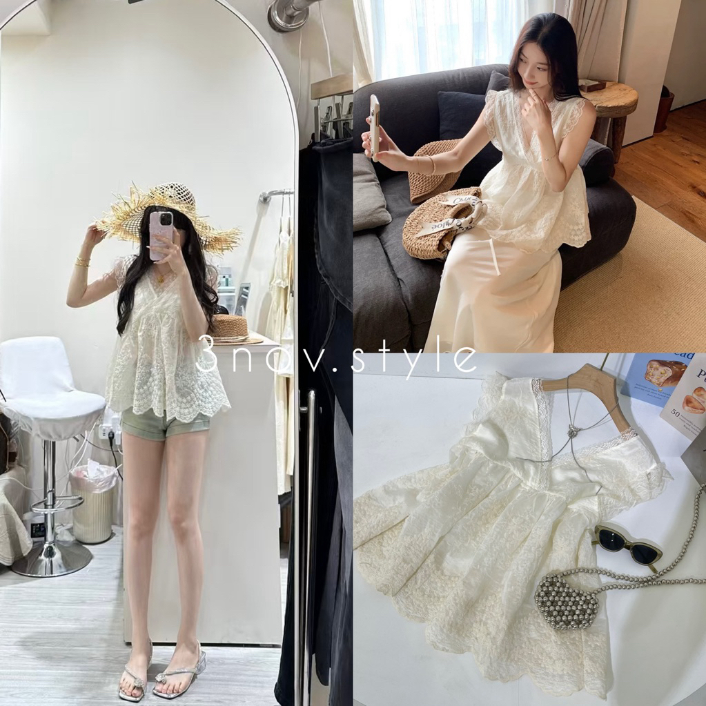 𝟯𝗻𝗼𝘃 | 서하레이스 (𝗦𝗲𝗼𝗵𝗮 𝗟𝗮𝗰𝗲 𝗧𝗼𝗽) — เสื้อบลาวส์ลูกไม้สีครีม โทนอุ่นแบบสาวเกาหลี