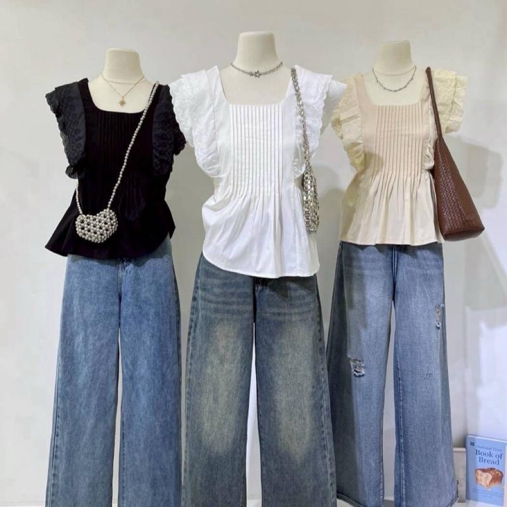 Matinee เสื้อแขนกุด แขนแต่งลูกไม้ ดีเทลเสื้อด้านหน้าแต่งจีบ สไตล์เกาหลี ทรงสวยน่ารักโทนสีพื้นๆมินิมอลมาก น่ารักสุดๆ