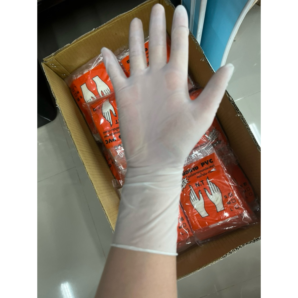 ถุงมือยางPVCสีขาวข้อสั้นตราN.T(36คู่)ทนน้ำมันกันเคมีใช้เก็บก้อนยางใช้ทำความสะอาดclean