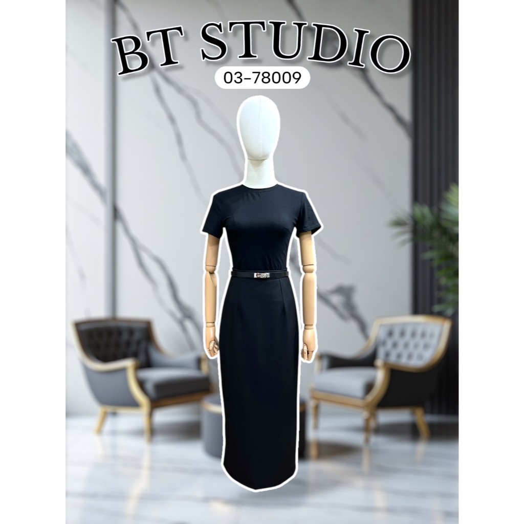 BT 03-78009 เซท 3 ชิ้น เสื้อยืดแขนสั้นคอกลม กระโปรงทรงสอบ และเข็มขัด ชุดสุภาพเรียบร้อย ชุดสีดำ ชุดเซ็ทสีดำ – โปรปัง