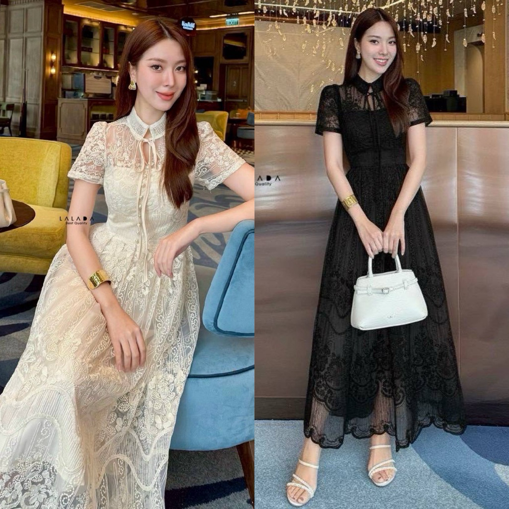 พร้อมส่ง✅เดรสเรียบหรู มีแขน ผ้าลูกไม้อย่างดี ตัดเย็บปราณีต มีซับใน สวมใส่สบาย แต่งกระดุมหน้า