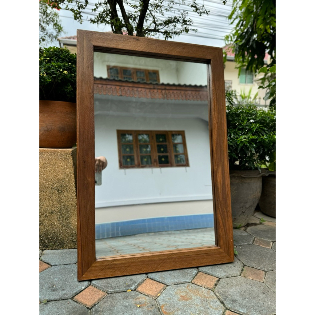 กระจกไม้สัก พร้อมกระจก ขนาด 90x60 cm. กระจกห้องน้ำ มีที่แขวนผนัง แนวตั้ง แนวนอน Teak Wooden Mirror Wall Mounted