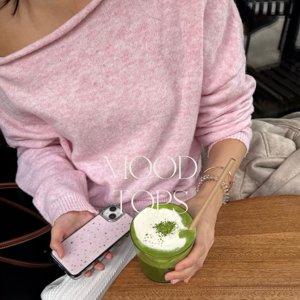 mood tops เสื้อไหมพรมปาดไหล่สีชมพูพาสเทล