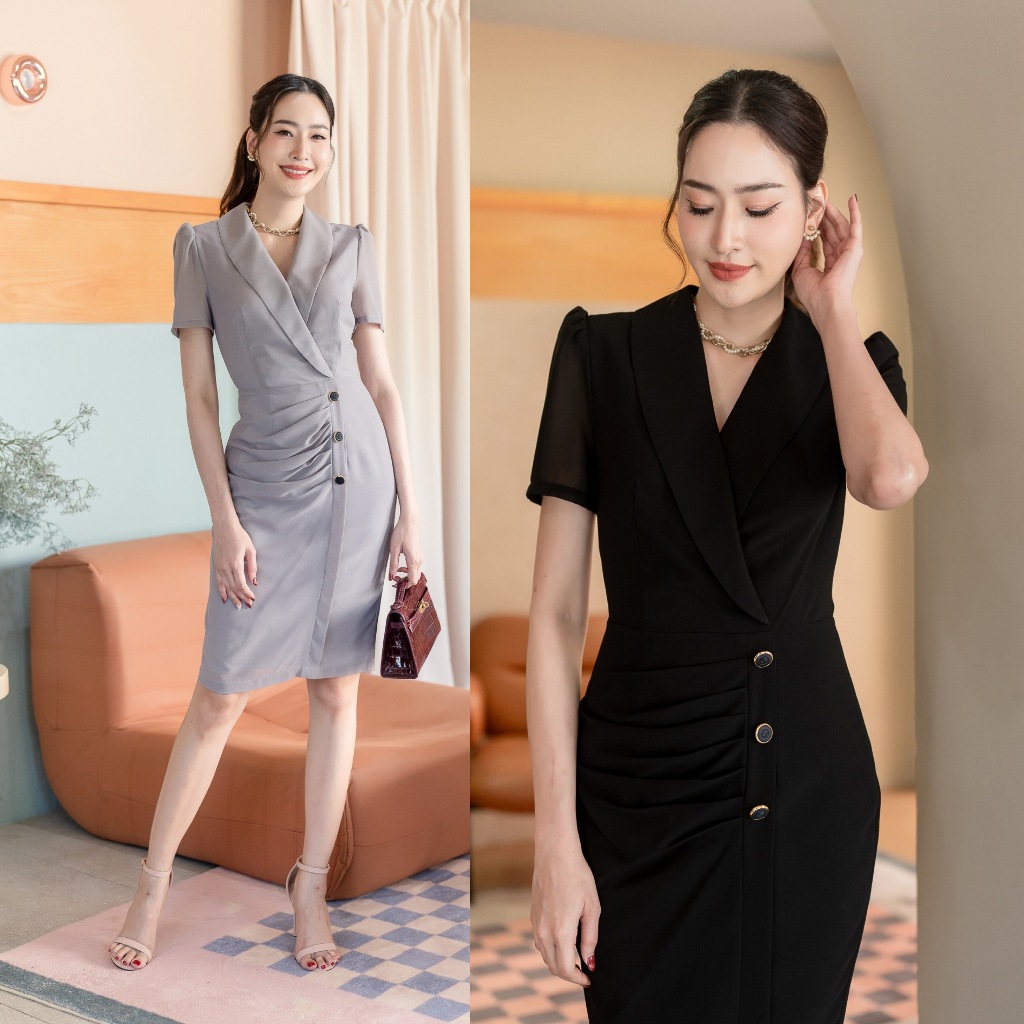 PD300 Chiffon Dress เดรสคอวีแขนสั้น กระโปรงเข้ารูปทรงสอบ แต่งกระดุม