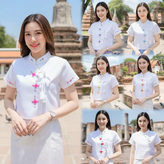 เสื้อพื้นเมืองผู้หญิงคอจีนผูกโบว์ ปักดอกด้วยมือ