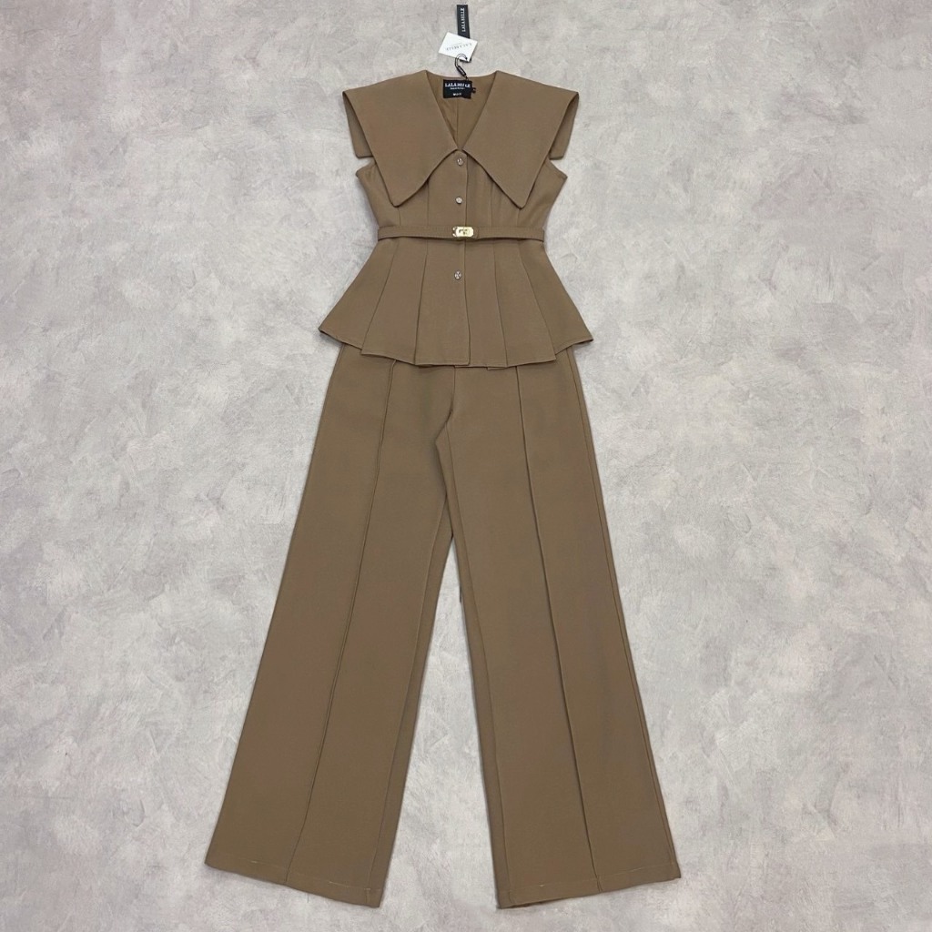 THE CLOSETA : LB587 ชุดเซ็ทเสื้อทรงคอปกใหญ่กระดุมหน้า พร้อมเข็มขัด กางเกงขายาวเข้าชุดผ้าสูท ราคา ถูกที่สุด ดีลบีเคเค แกลเลอรีภาพที่ 6