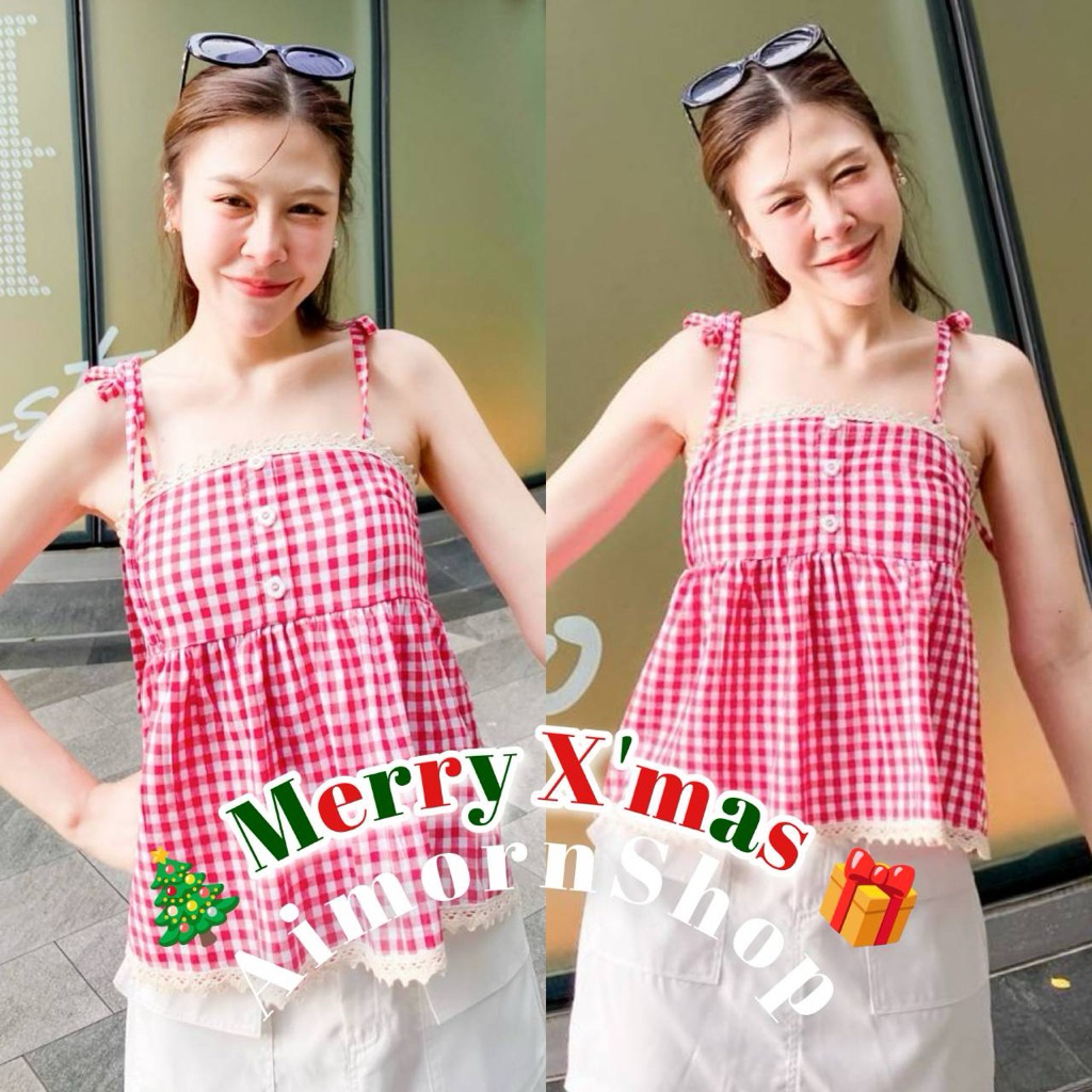 🔥aimorn_shop🔥เสื้อสายเดี่ยว ลายสก็อตสุดแบ๊วว แต่งลูกไม้ติดโบว์2ฝั่ง งานใส่น่ารักมาก