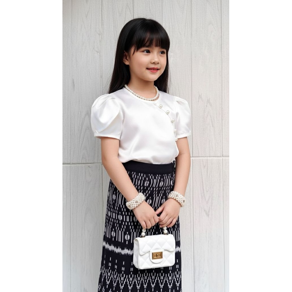 ชุดไทยเด็กหญิง3ชิ้น เสื้อแขนกลีบบัว+กระโปรงยาวเอวสม็อค+กิ๊บโบว์ ลิซ่า งานพิธี งานขาวดำ