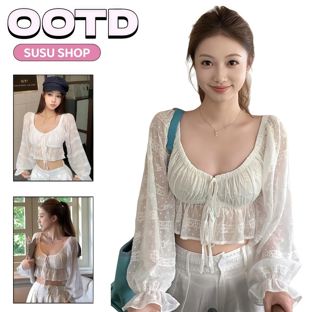 SuSu สุภาพสตรีแขนยาว เสื้อลูกไม้ ใส่สบาย คอวี มัสลิน สะดวกสบายมาก