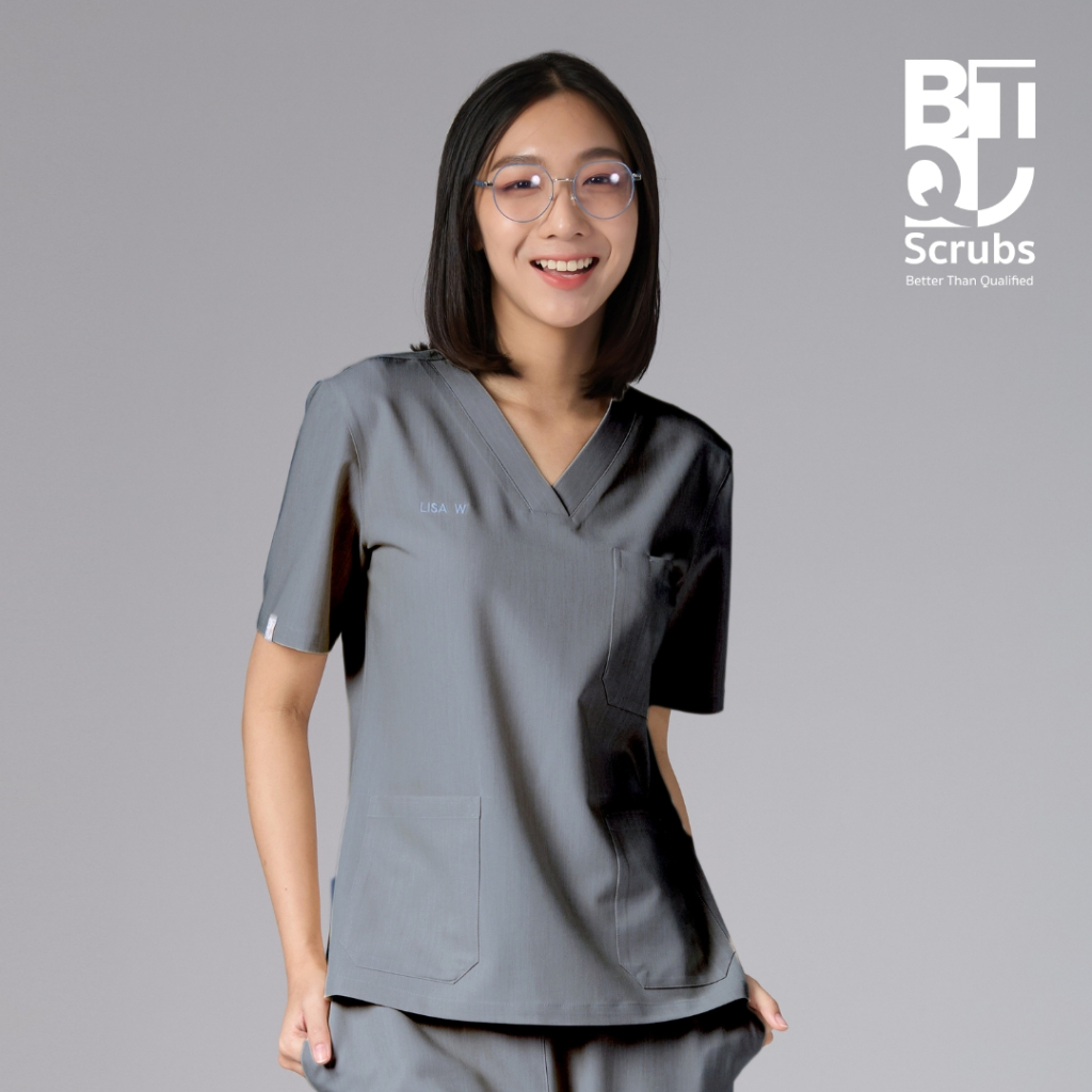( ไม่ปักชื่อ ) BTQ Medical Scrub Top - Women - รุ่น Professional | เสื้อสครับหมอ พยาบาล ทรงเข้ารูป คอวี