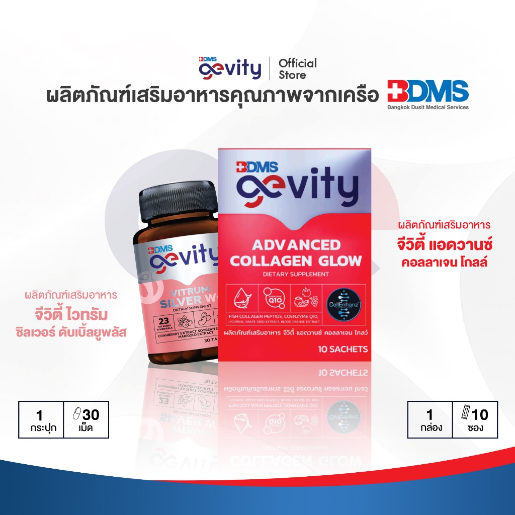 [All About Woman] Gevity advanced collagen glow (10ซอง) + Gevity vitrum silver W+(30เม็ด)