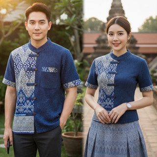เสื้อพื้นเมืองคอจีนหม้อฮ่อมสโตนทูโทน คู่ ชาย/หญิง ลายไทย