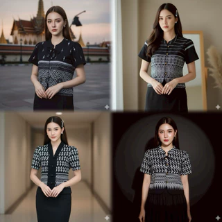 (พร้อมส่ง) เสื้อโทนสุภาพ เสื้อสีดำ เสื้อคอจีนผ่าหน้า กระดุมทองพิมพ์ลายไทยใส่ไว้อาลัย ใส่ทำงาน (+เพิ่ม 1 ไซส์จากอกจริง)