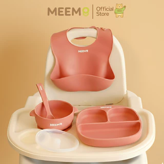 MEEM ชุดทานอาหารเด็กซิลิโคน 4 ชิ้น (จาน/ชามพร้อมฝา/ช้อน/กันเปื้อน) รุ่น First Step (Colorful Series)