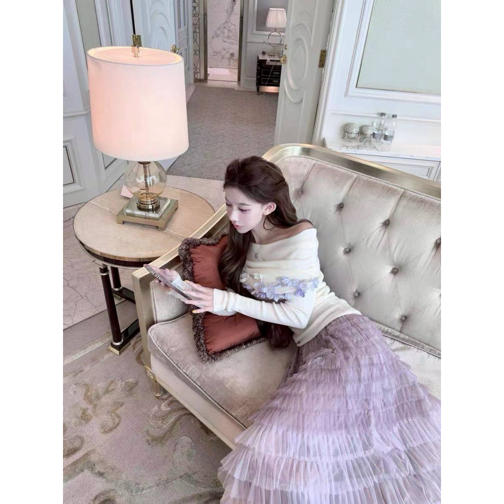 กระโปรงยาวผ้ามุ้งชั้นไล่ชั้น ไล่เฉดสี 3 สี สีเขียนตามสีขอบเอวยางยืด #823 - รูปที่ 2