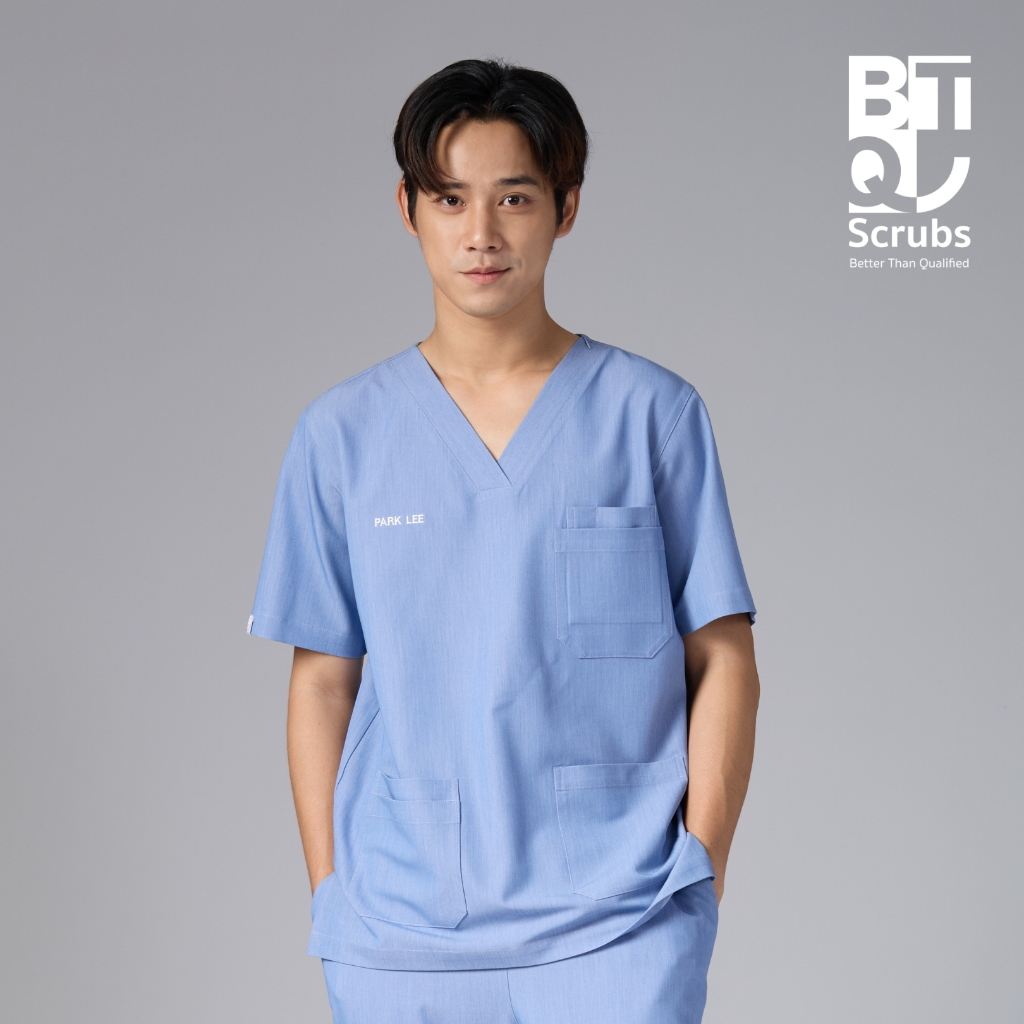 ( ปักชื่อ ) BTQ Medical Scrub Top - Unisex - รุ่น Zip Up | เสื้อสครับหมอ พยาบาล ทรงหลวม คอวี ซิปไหล่ Q982BU