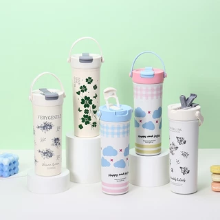 PANDA แก้วกาแฟ สแตนเลส 600ML แก้วเก็บความเย็น 1 ฝา 2 หัวดื่ม กระติกสุญญากาศ สแตนเลส304 ชุดภาพวาดลายพิเศษ 3สี