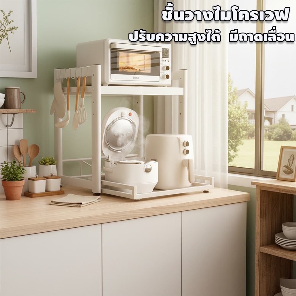 ชั้นวางไมโครเวฟสแตนเลสปรับความสูงได้มีถาดเลื่อน  ทำความสะอาดง่ายที่วางไมโครเวฟเหมาะสำหรับห้องครัว