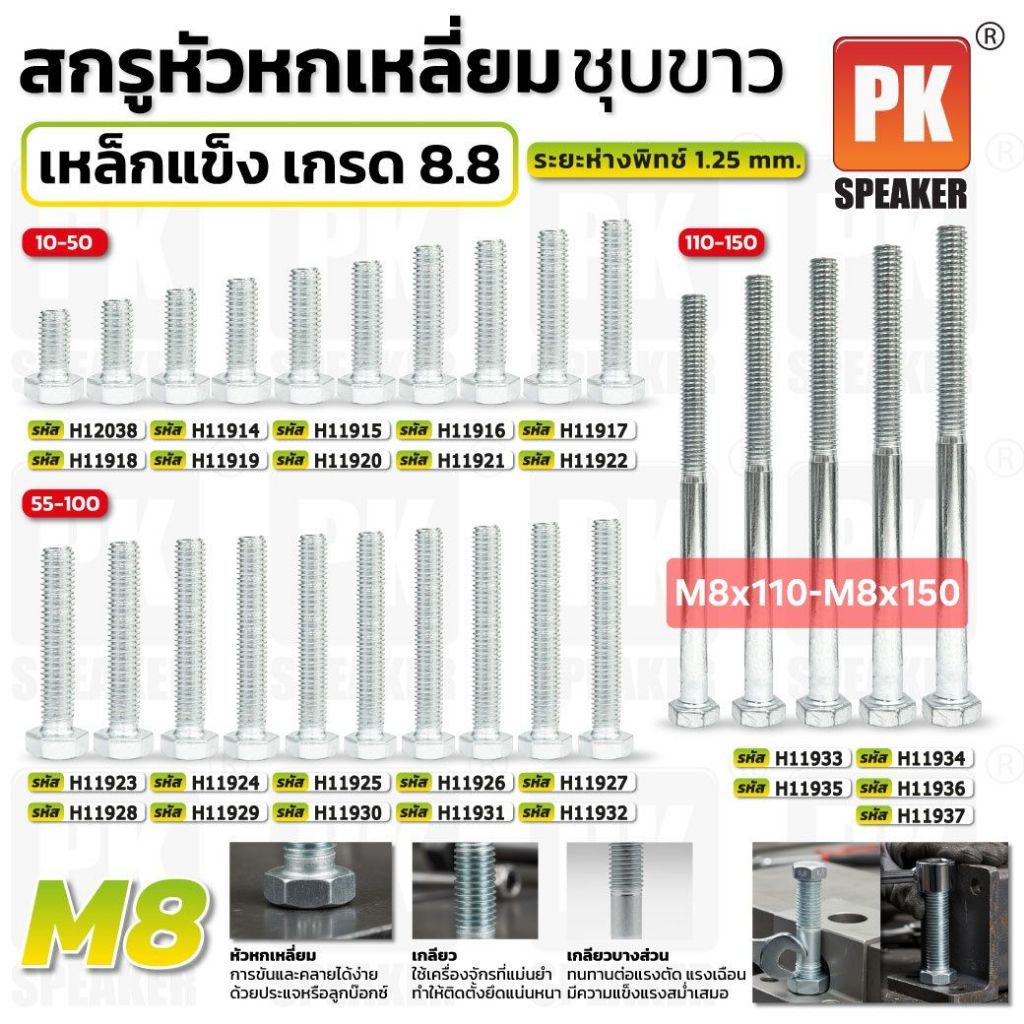 สกรู น็อตหกเหลี่ยม เหล็กแข็ง 8.8 สีเงิน ขนาด M8x110-M8x150 มีหลายความยาว ราคาต่อ1ชิ้น