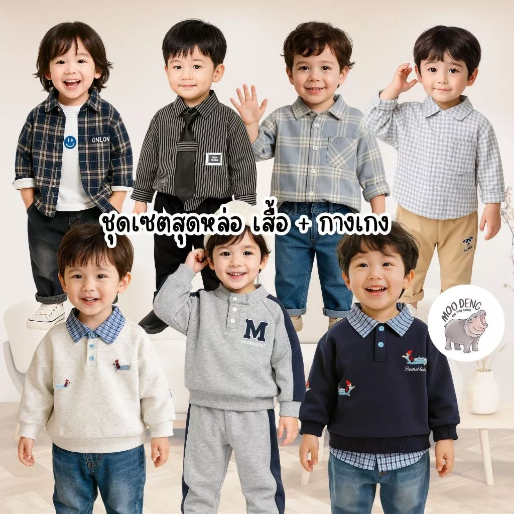 MooDeng Baby เซ็ตแขนยาว ปักลาย คอปก ลายสก็อต 2 สีเทา สีกรม เซท 2 ชิ้น เสื้อแขนยาว+ กางเกงขายาว ใส่เที่ยว ชุดเซทสุดเท่