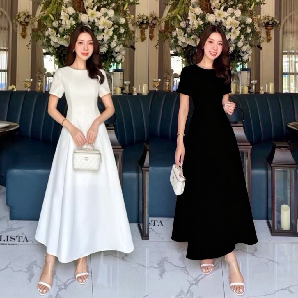 STYLISTA•เดรสแขนสั้นทรงพอดีตัว กระโปรงยาวพริ้วๆ ใส่สวยมาก ดูเรียบร้อยดูดี ใส่เที่ยว ใส่งานบุญ ใส่ออกงาน ใส่ได้หลายโอกาส