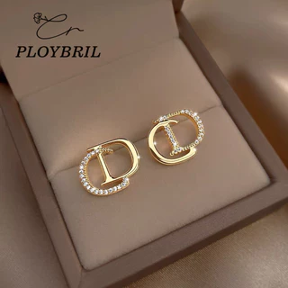 พร้อมส่งจากไทย สีทองแต่งเพชร ต่างหู รูปตัวอักษร เครื่องประดับผู้หญิง PLOYBRIL E003
