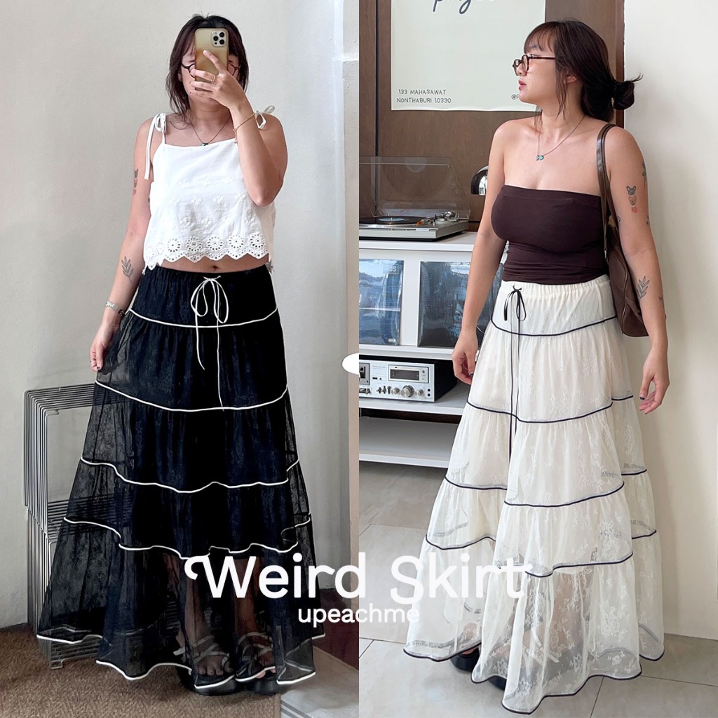 upeachme(E10) Weird Skirt [เอว24-40] กระโปรงยาวผ้ามุ้งลูกไม้มีซับใน กระโปรงระบาย5ชั้นผูกโบว์ กระโปรงพลัสไซส์