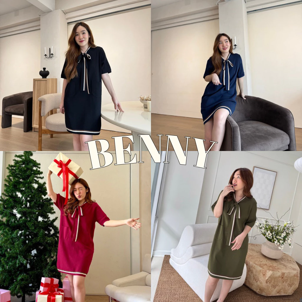 93FAVORS l “BENNY” เดรสไหมพรม ผูกโบว์ กระเป๋าหน้า