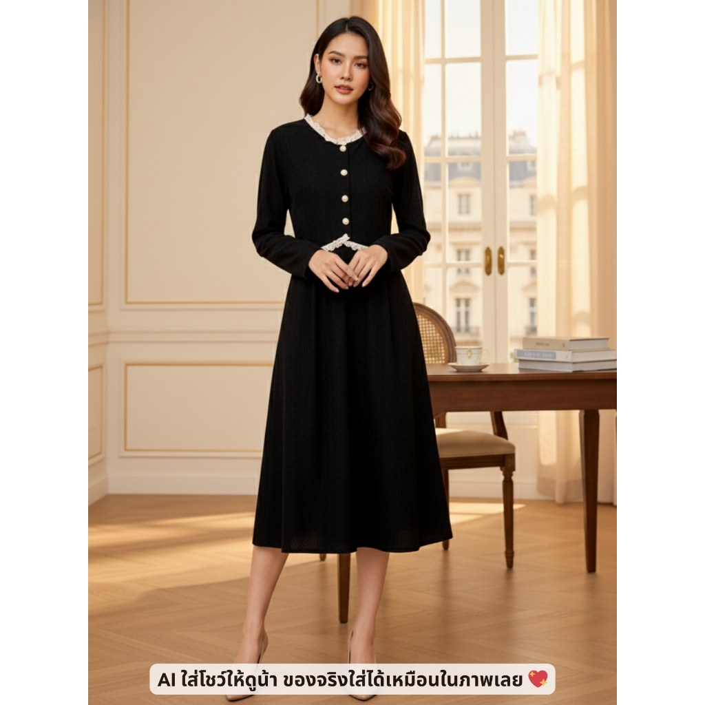 เดรสแฟชั่นสุภาพแขนยาว เดรสยาวสไตล์เกาหลีคอแต่งลูกไม้สุดเก๋ สีดำ ผ้าคอตตอนผสมกำมะหยี่ลายริ้ว
