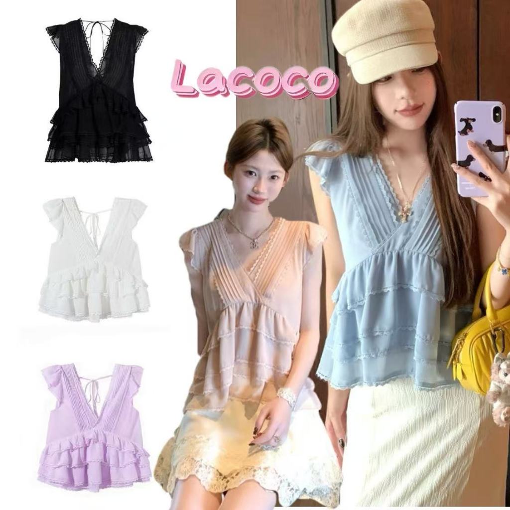 Lacoco🍓คลังสินค้าพร้อม🍓เสื้อเบลาส์คอวีแขนกุดผ้าชีฟองผูกโบว์และชายระบาย