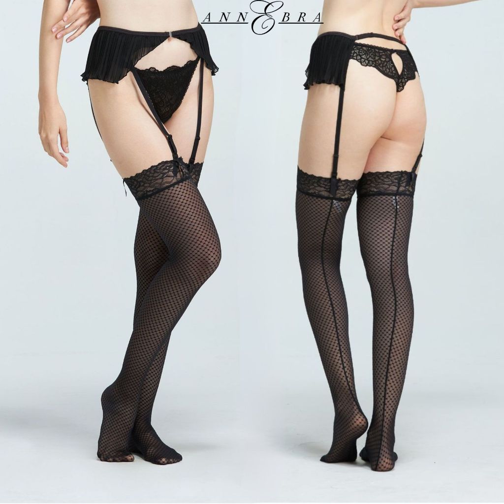 Annebra ถุงน่อง ผ้าเน็ตลายจุด แต่งขอบผ้าลูกไม้ยืด Lace Stocking รุ่น AA2-081 สีดำ