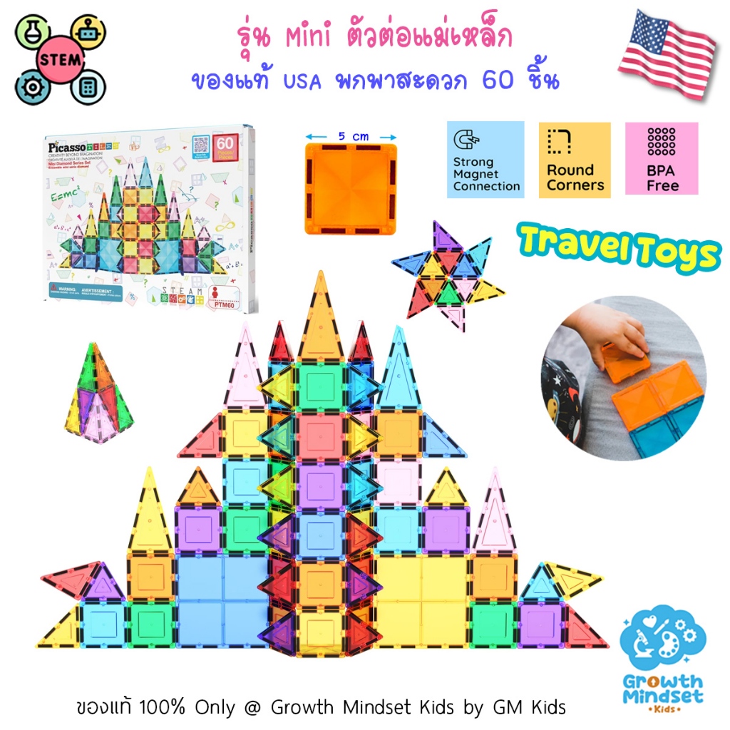 (ของแท้ USA) ตัวต่อแม่เหล็กรุ่น Mini 60 ชิ้น พกพาสะดวก Picasso Magnetic, Tiles KD0143 GM Kids