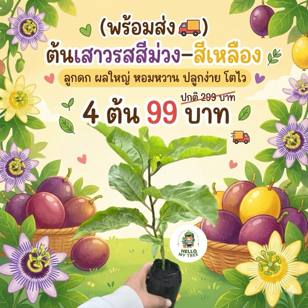 ( พร้อมส่ง 🚚 ) ต้นเสาวรสสีม่วง–สีเหลือง 🌿 ลูกดก ผลใหญ่ หอมหวาน ปลูกง่าย โตไว 4 ต้น 99 บาท