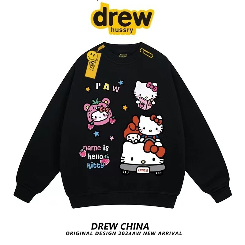 COD✅เสื้อคอกลมแขนยาวทรงโอเวอร์ไซส์ Hello Kitty Club Long Sleeve T-Shirt เข้าใหม่ สกรีนลายคิตตี้ สีขาว