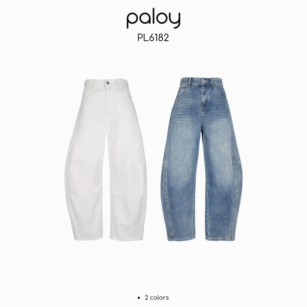 Paloy - PL6182 กางเกงยีนส์ทรงบาร์เรล แต่งตะเข็บข้าง (Barrel Jeans)