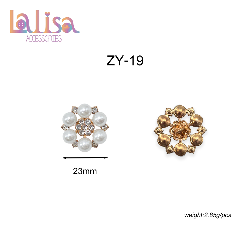 กระดุมมุกพลอยเทียมโลหะผสม กระดุมมุกดอกไม้ Alloy button 23mm. ZY-19