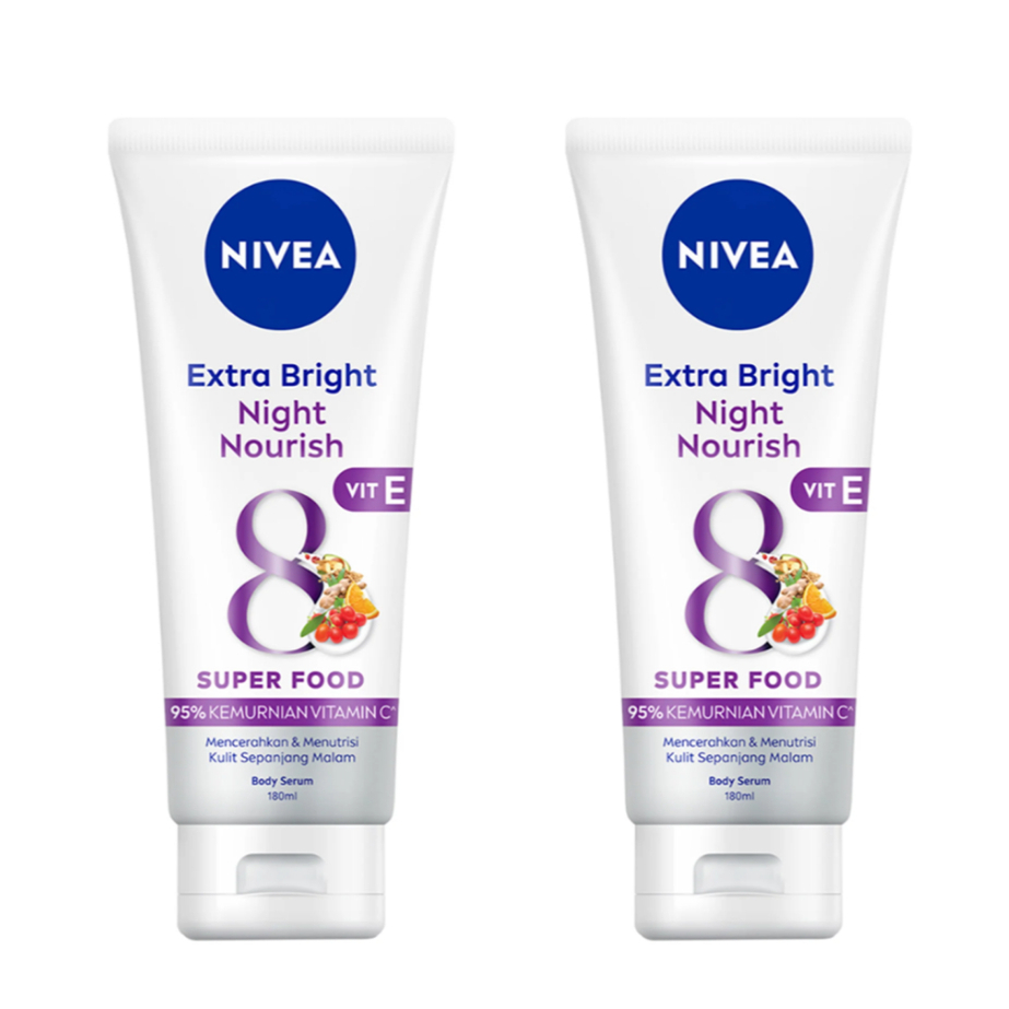 NIVEA Extra Bright Night Nourish Body Serum 180ml. (2หลอด) นีเวีย เอ็กตร้า ไบรท์ บอดี้ เซรั่มเข้มข้น สำหรับกลางคืน มาสก์