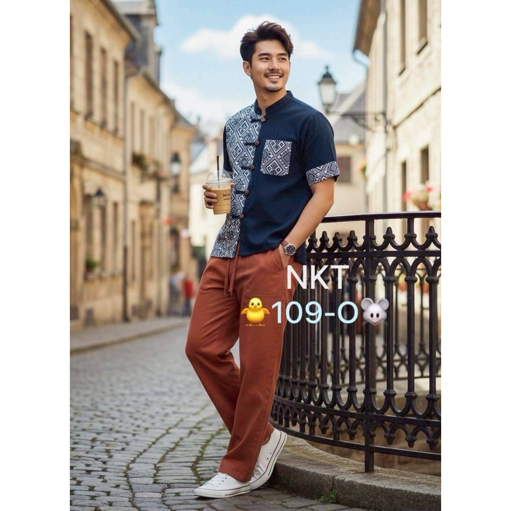 NKT.109-O  👕เสื้อผ้าฝ้ายพื้นเมือง คอจีน ทูโทน ลายขิด