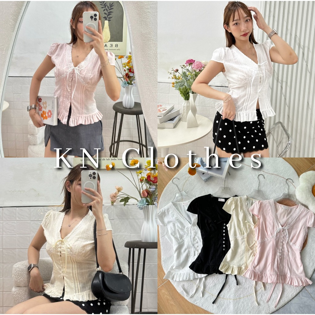 KN.Clothes เสื้อแขนสั้น คอวี แต่งขอบลูกไม้ เย็บตีเกล็ดหน้า กระดุมใช้งานได้ มีเชือกผูกด้านหลัง BB