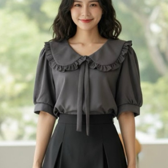 เสื้อคอบัวแขนสั้นผ้าไหมอิตารี่ดำอก 42 ยาว 23 เนื้อผ้าใส่สบายน่ารักเสื้อผู้หญิง