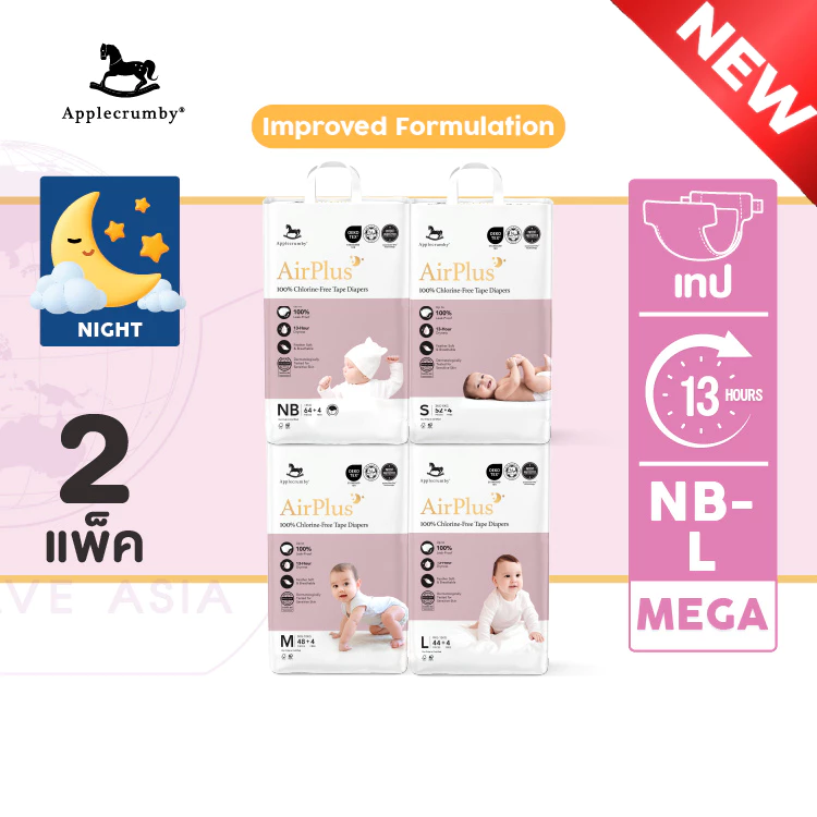Applecrumby AirPlus Overnights Mega (13 ชม.) แบบเทป ( 2แพ็ค )