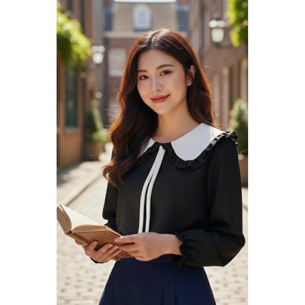 เสื้อคอยูวัวแต่งขาวระบายสีดำแขนยาวเนื้อผ้าล็อบบี้ผ้าลอก 42 ยาว 23 ใส่สบายใส่เที่ยวใส่ทำงานสไตล์ผู้หญิงคอลเลคชั่นใหม่